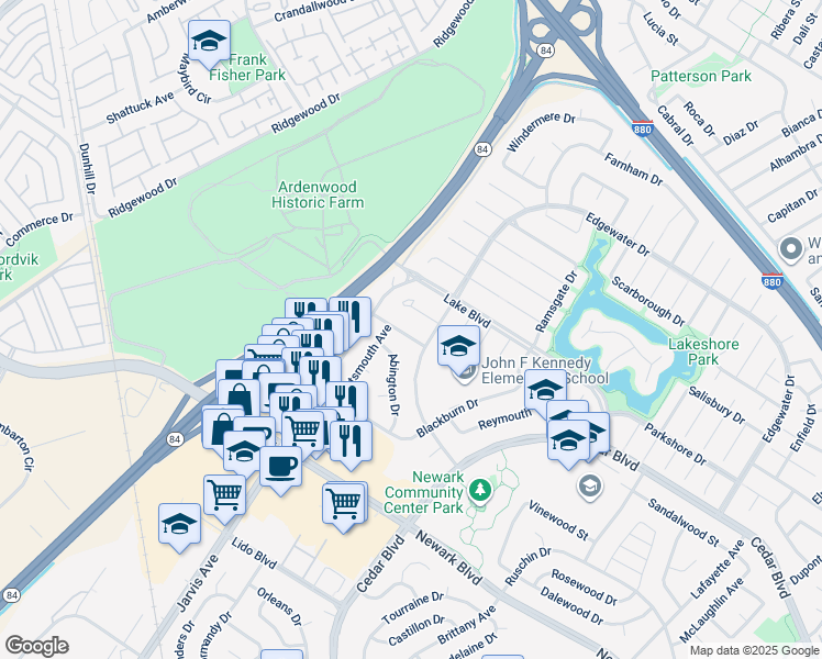 map of restaurants, bars, coffee shops, grocery stores, and more near 35120 Cardiff Street in Newark