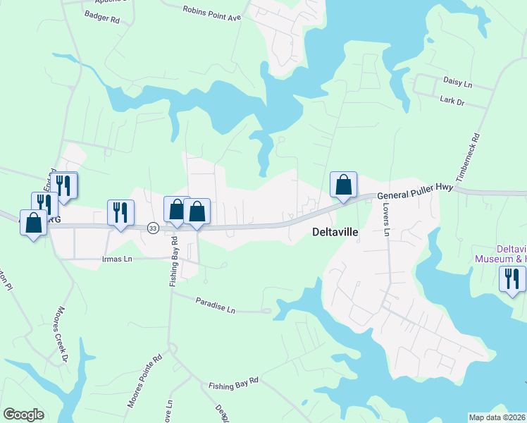 map of restaurants, bars, coffee shops, grocery stores, and more near 16987 General Puller Highway in Middlesex