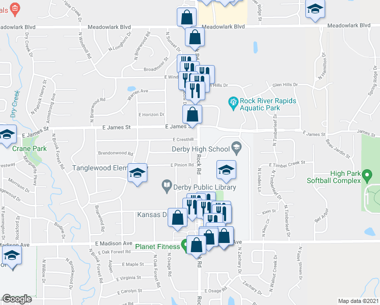 map of restaurants, bars, coffee shops, grocery stores, and more near 951 Pin Oak Road in Derby