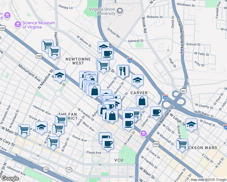 map of restaurants, bars, coffee shops, grocery stores, and more near 1313 West Clay Street in Richmond
