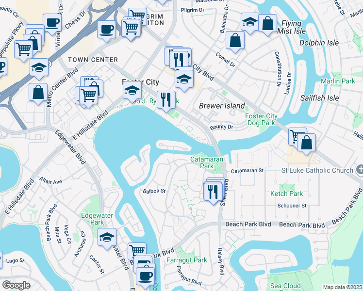 map of restaurants, bars, coffee shops, grocery stores, and more near 1019 Lido Lane in Foster City