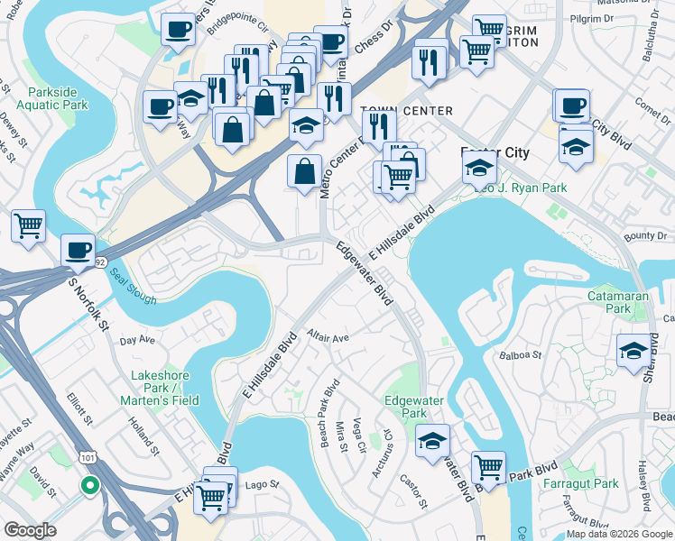 map of restaurants, bars, coffee shops, grocery stores, and more near 889 Meridian Bay Lane in Foster City