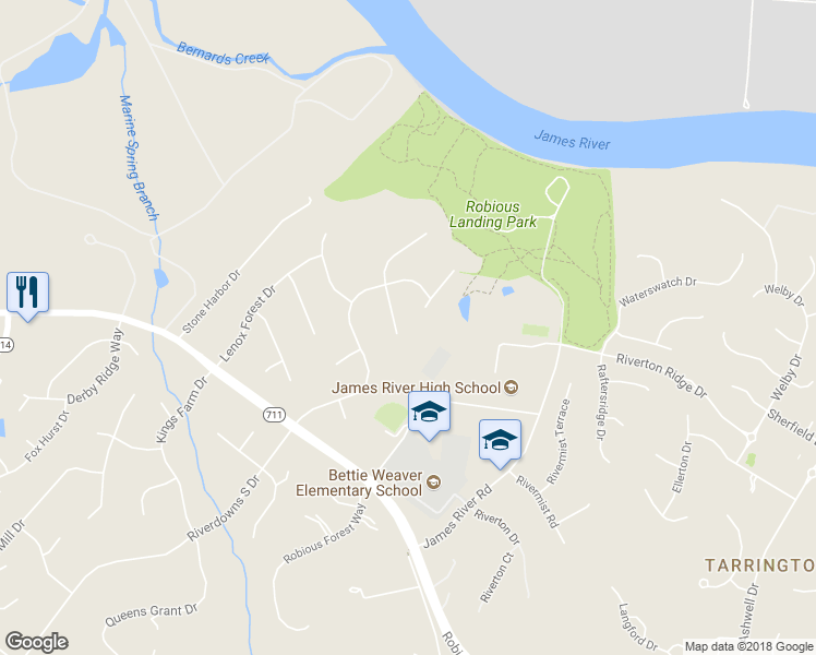 map of restaurants, bars, coffee shops, grocery stores, and more near 14013 Riverdowns North Place in Midlothian