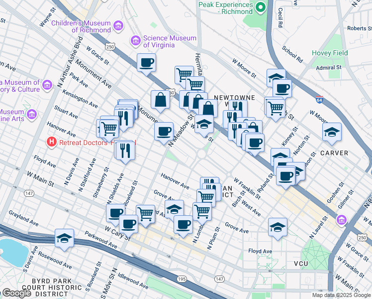 map of restaurants, bars, coffee shops, grocery stores, and more near 1819 Monument Avenue in Richmond