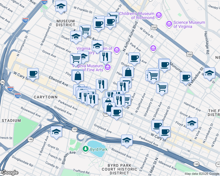 map of restaurants, bars, coffee shops, grocery stores, and more near 111 North Arthur Ashe Boulevard in Richmond