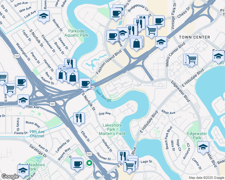 map of restaurants, bars, coffee shops, grocery stores, and more near 1402 Via Vista in San Mateo