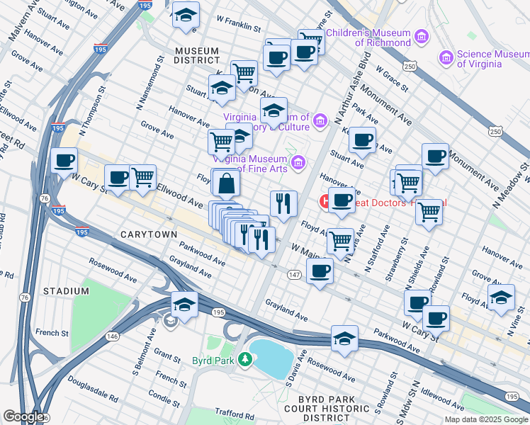 map of restaurants, bars, coffee shops, grocery stores, and more near 2821 Floyd Avenue in Richmond