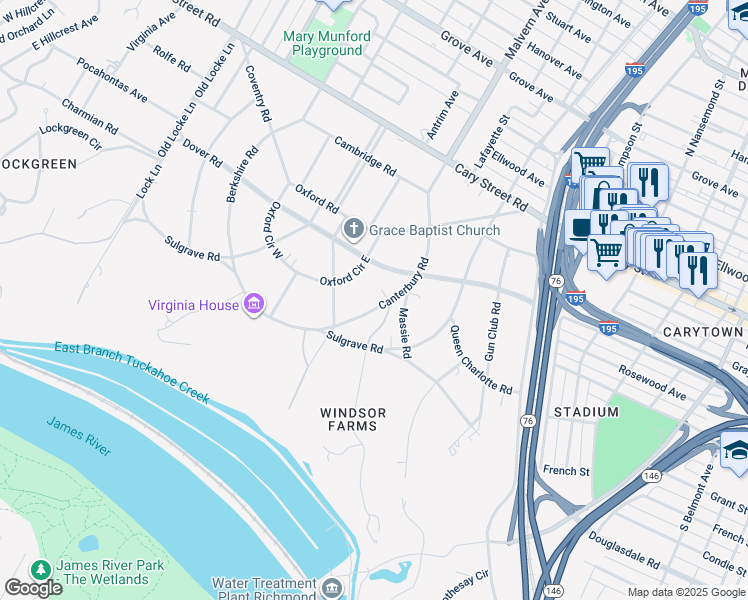 map of restaurants, bars, coffee shops, grocery stores, and more near 206 Canterbury Road in Richmond