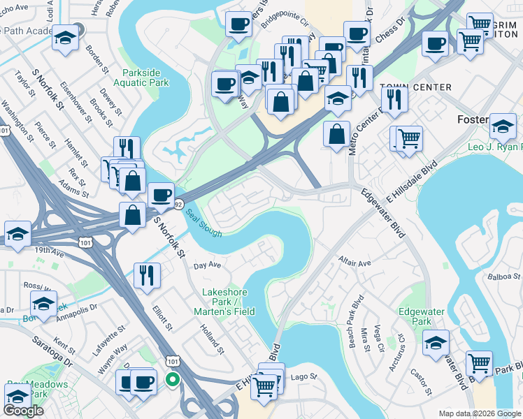map of restaurants, bars, coffee shops, grocery stores, and more near 2285 Vista Del Mar in San Mateo