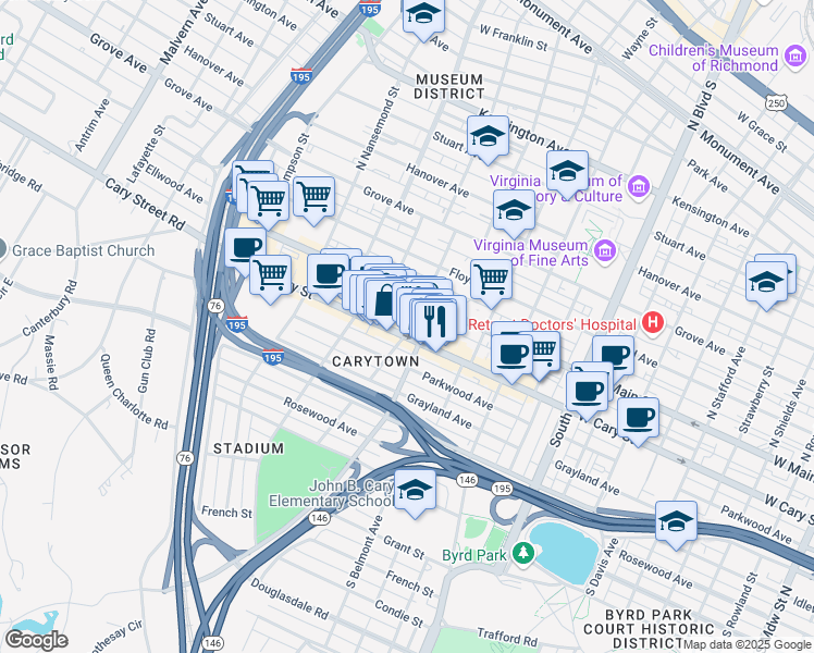 map of restaurants, bars, coffee shops, grocery stores, and more near 24 South Auburn Avenue in Richmond