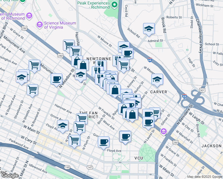 map of restaurants, bars, coffee shops, grocery stores, and more near 1343 West Broad Street in Richmond