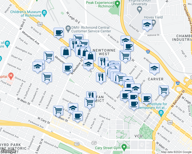 map of restaurants, bars, coffee shops, grocery stores, and more near 1645 West Grace Street in Richmond