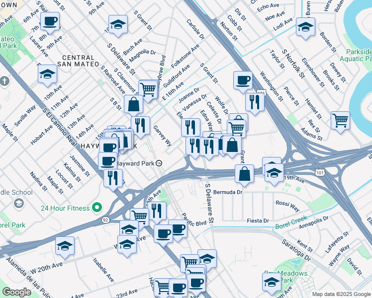 map of restaurants, bars, coffee shops, grocery stores, and more near 1750 South Delaware Street in San Mateo