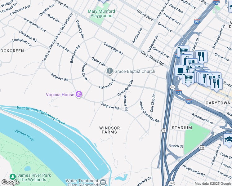 map of restaurants, bars, coffee shops, grocery stores, and more near 206 Canterbury Road in Richmond