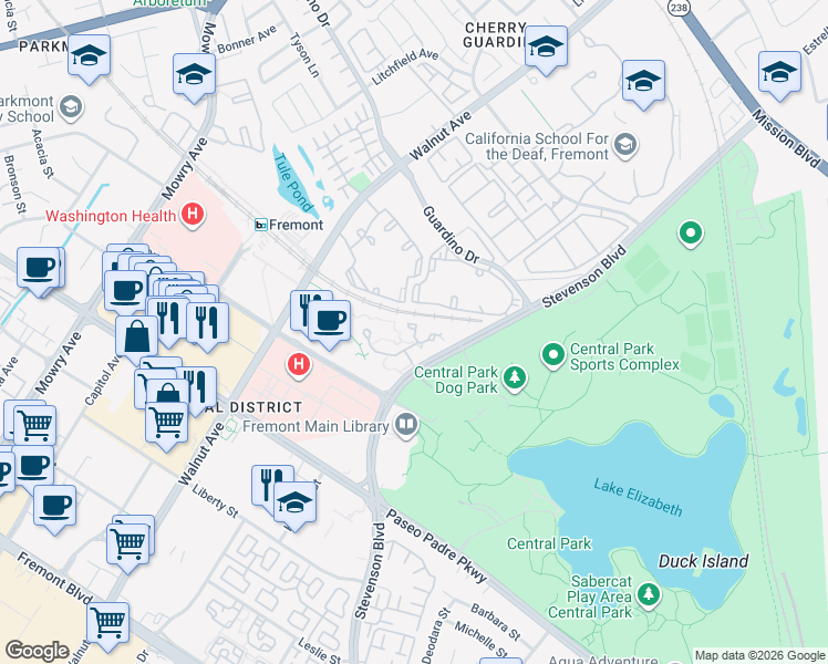 map of restaurants, bars, coffee shops, grocery stores, and more near 1995 Barrymore Common in Fremont