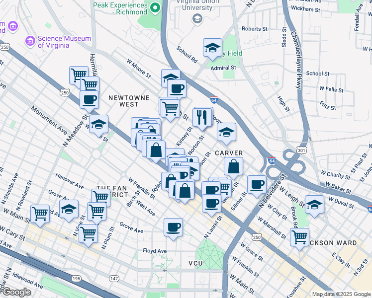 map of restaurants, bars, coffee shops, grocery stores, and more near 1313 W Clay St in Richmond