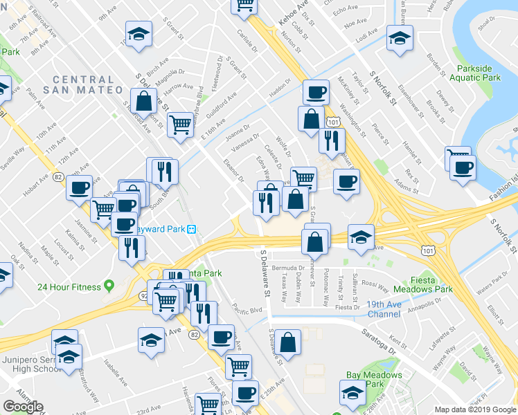 map of restaurants, bars, coffee shops, grocery stores, and more near 1801 South Delaware Street in San Mateo