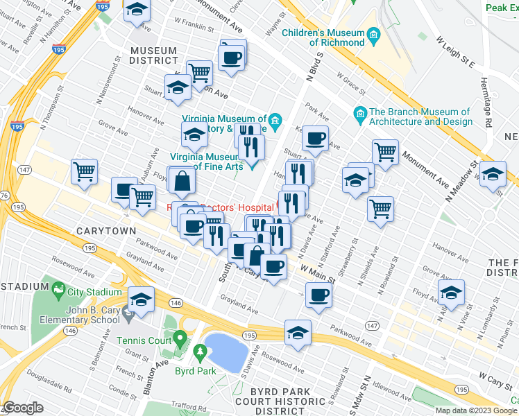 map of restaurants, bars, coffee shops, grocery stores, and more near 113 N Boulevard in Richmond