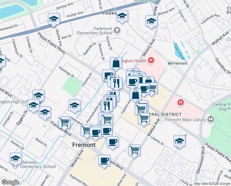 map of restaurants, bars, coffee shops, grocery stores, and more near 3191 Mowry Avenue in Fremont