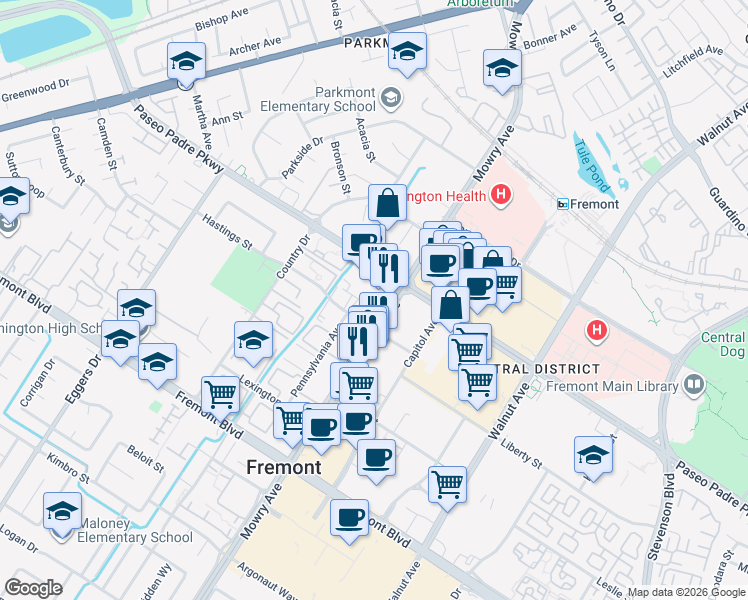 map of restaurants, bars, coffee shops, grocery stores, and more near 38800 Hastings Street in Fremont