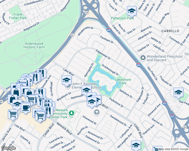 map of restaurants, bars, coffee shops, grocery stores, and more near 35623 Lundy Drive in Newark