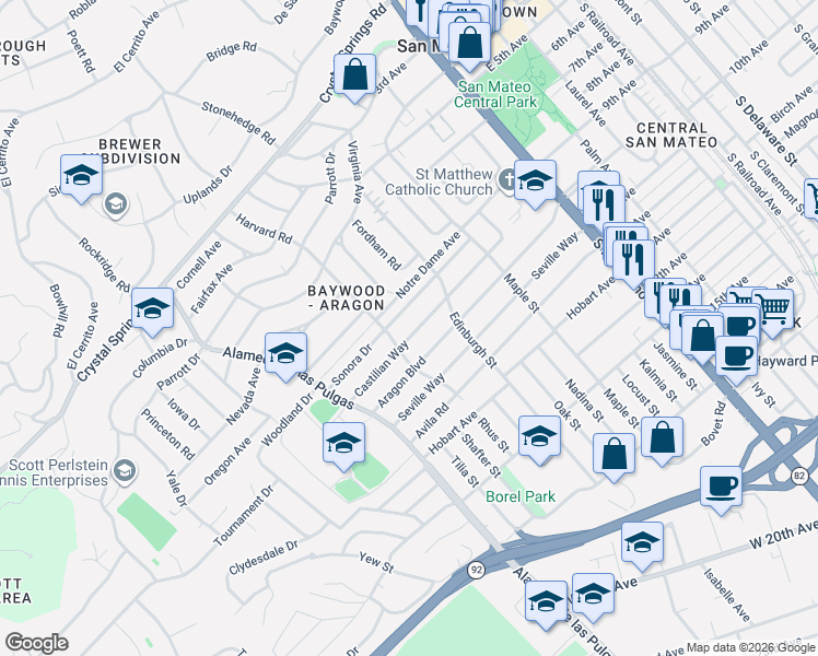 map of restaurants, bars, coffee shops, grocery stores, and more near 339 Castilian Way in San Mateo
