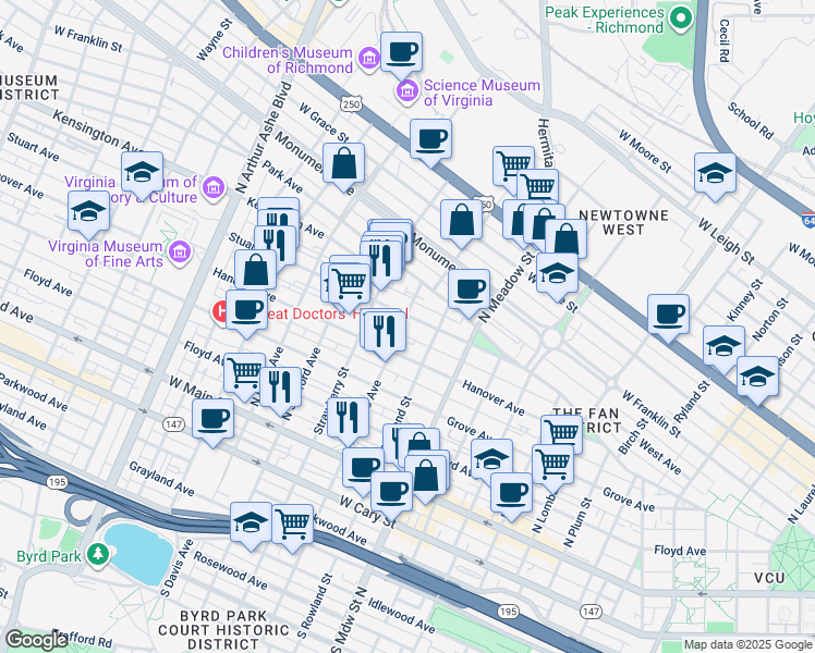 map of restaurants, bars, coffee shops, grocery stores, and more near 315 North Shields Avenue in Richmond