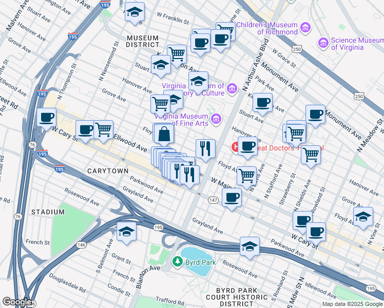 map of restaurants, bars, coffee shops, grocery stores, and more near 2821 Floyd Avenue in Richmond