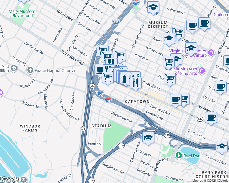 map of restaurants, bars, coffee shops, grocery stores, and more near 3439 Parkwood Avenue in Richmond