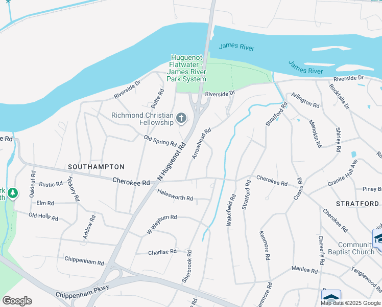 map of restaurants, bars, coffee shops, grocery stores, and more near 4300 Arrowhead Road in Richmond
