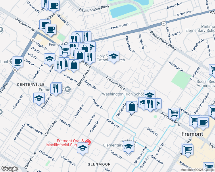 map of restaurants, bars, coffee shops, grocery stores, and more near 4093 Abbey Terrace in Fremont