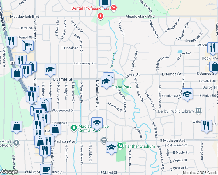 map of restaurants, bars, coffee shops, grocery stores, and more near 900 East Crestway in Derby