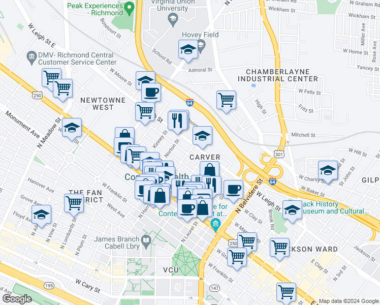 map of restaurants, bars, coffee shops, grocery stores, and more near 1134 West Catherine Street in Richmond