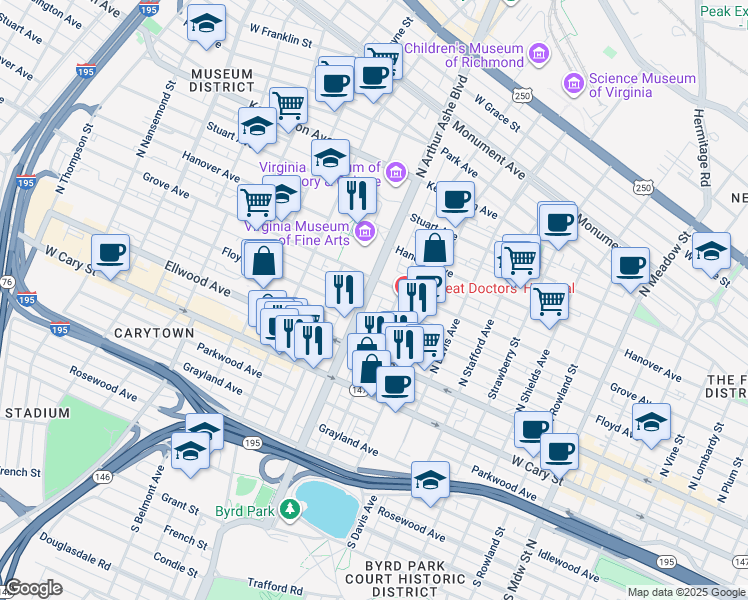 map of restaurants, bars, coffee shops, grocery stores, and more near 113 North Arthur Ashe Boulevard in Richmond