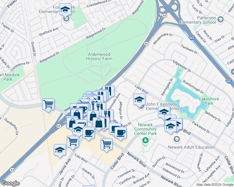 map of restaurants, bars, coffee shops, grocery stores, and more near 5423 Portsmouth Avenue in Newark