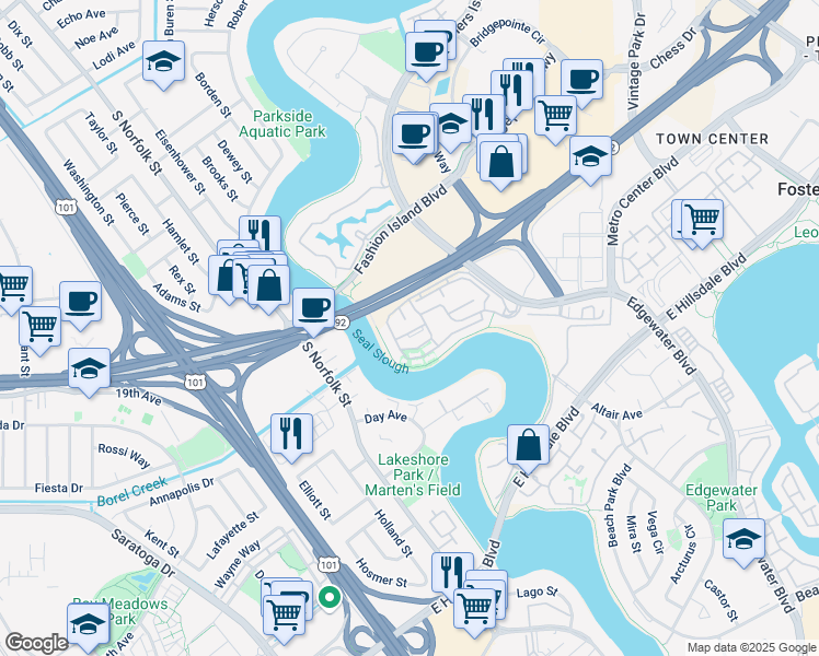 map of restaurants, bars, coffee shops, grocery stores, and more near 1477 Via Vista in San Mateo