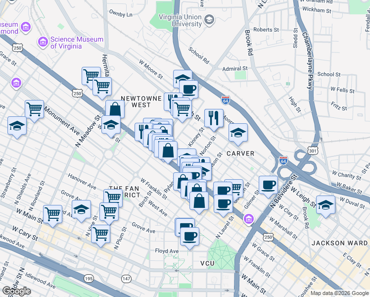 map of restaurants, bars, coffee shops, grocery stores, and more near 1400 West Marshall Street in Richmond