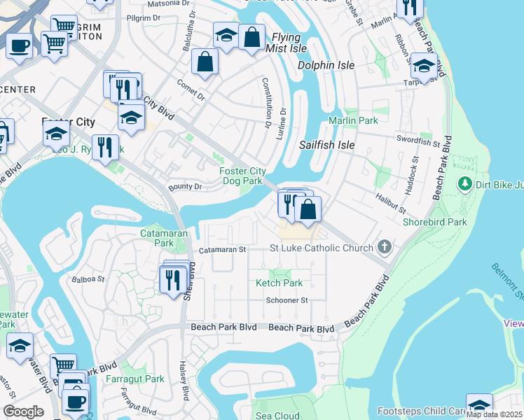 map of restaurants, bars, coffee shops, grocery stores, and more near 739 Catamaran Street in Foster City