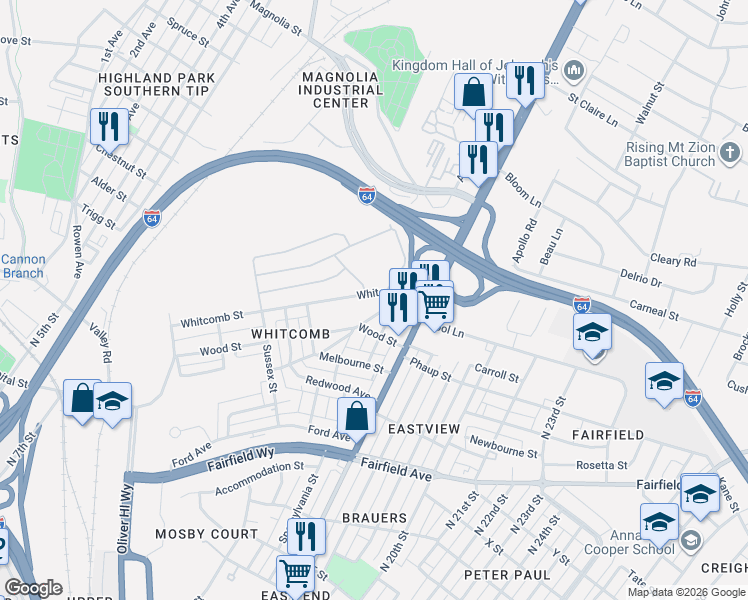 map of restaurants, bars, coffee shops, grocery stores, and more near 2510 Glenlea Avenue in Richmond