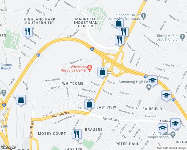 map of restaurants, bars, coffee shops, grocery stores, and more near 2511 Whitcomb Street in Richmond
