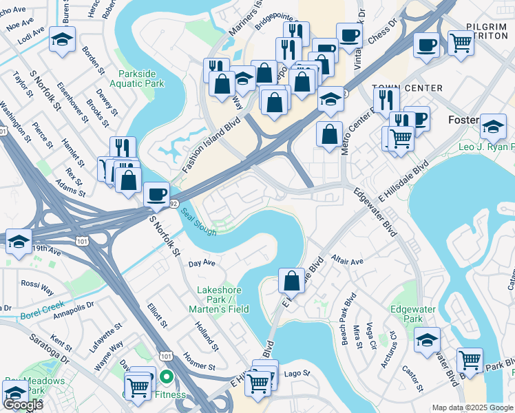 map of restaurants, bars, coffee shops, grocery stores, and more near 2250 Vista Del Mar in San Mateo