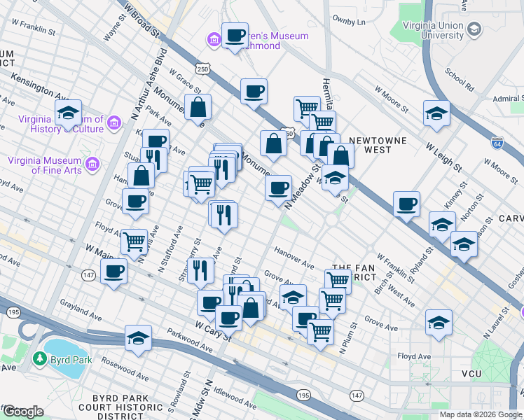map of restaurants, bars, coffee shops, grocery stores, and more near 2028 Stuart Avenue in Richmond