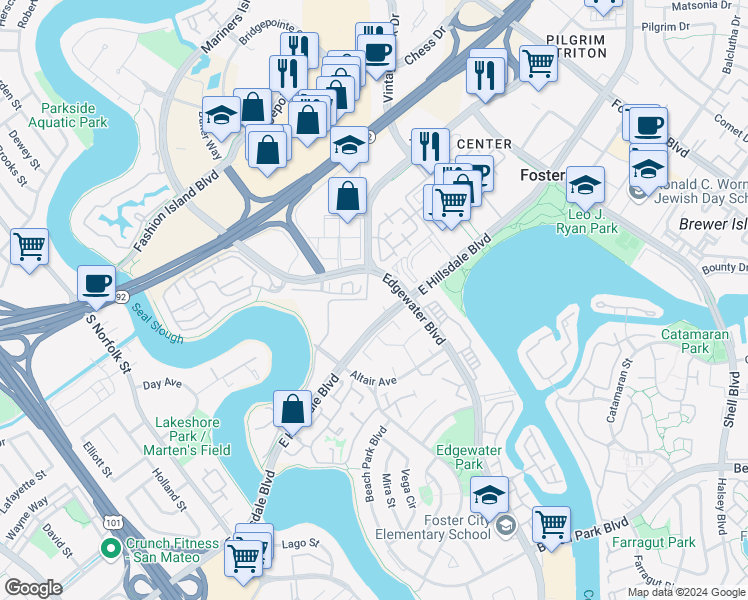 map of restaurants, bars, coffee shops, grocery stores, and more near 860 Meridian Bay Lane in Foster City