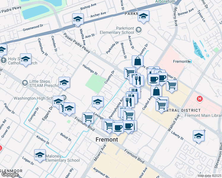 map of restaurants, bars, coffee shops, grocery stores, and more near 3330 Country Drive in Fremont