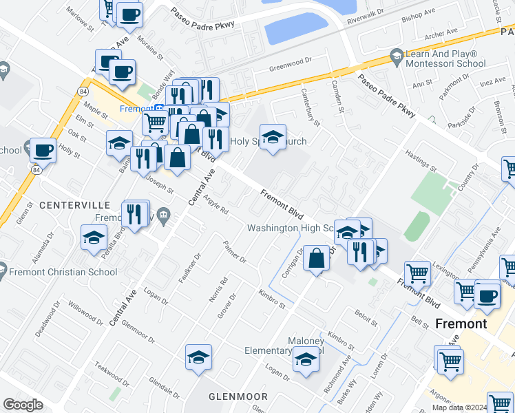 map of restaurants, bars, coffee shops, grocery stores, and more near 4093 Abbey Terrace in Fremont