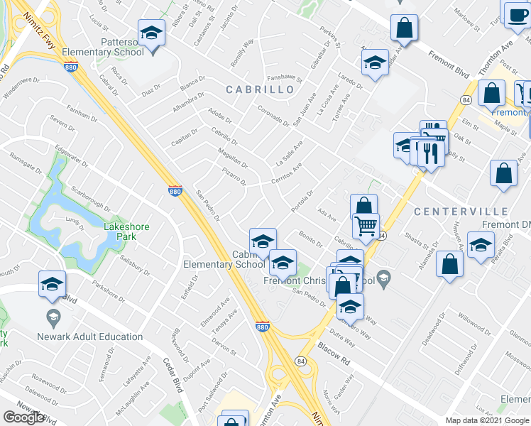map of restaurants, bars, coffee shops, grocery stores, and more near 4757 Granado Avenue in Fremont
