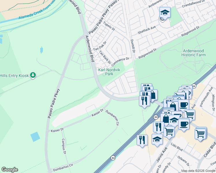 map of restaurants, bars, coffee shops, grocery stores, and more near 34501 Winslow Terrace in Fremont