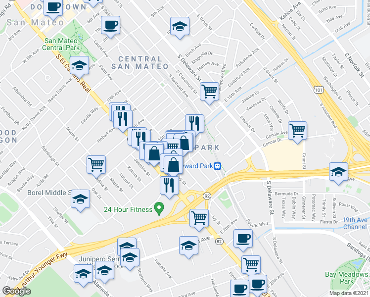 map of restaurants, bars, coffee shops, grocery stores, and more near 101 South Boulevard in San Mateo