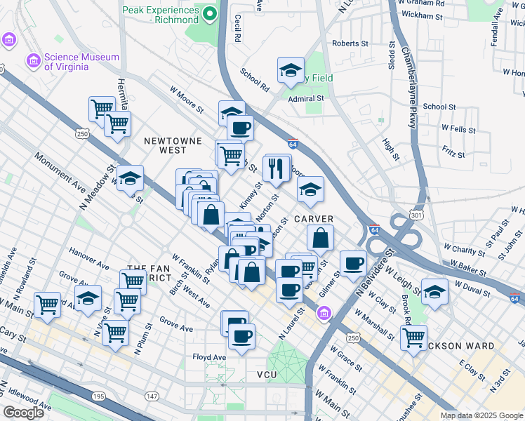 map of restaurants, bars, coffee shops, grocery stores, and more near 806 Norton Street in Richmond