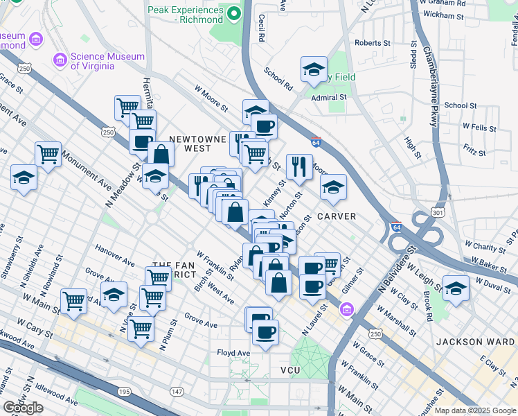 map of restaurants, bars, coffee shops, grocery stores, and more near 609 Bowe Street in Richmond